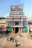 One of the ornate, carved and painted gopuram of the 11th century Brihadisvara Cholan temple, Thanjavur, Tamil Nadu