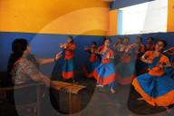 Students practising Kathakali dance with teacher, Kalamandalam University for the Performing Arts, Cheruthuruthy, Kerala