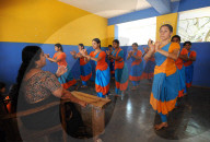Students practising Kathakali dance with teacher, Kalamandalam University for the Performing Arts, Cheruthuruthy, Kerala