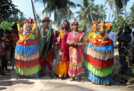 Group of traditional Chaiti Ghoda (Dummy Horse) dancers who perform dances at village events, Odisha
