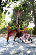 Gotipua dancers in costume, performing traditional Gotipua dance in rural village, Odisha