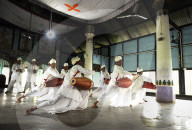 Bhokots, monks, performing the Sattriya Nritya, monastery dance of prayer, Majuli Island, Assam