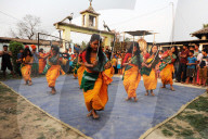 Assamese village women in Assam state dress, performing knife dance in front of villagers, Sualkuchi district, Assam