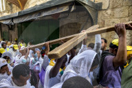 Good Friday coptic Ethiopian christian procession on the Via Dolorosa, Jerusalem, Israel.