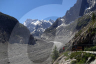 French Alps. Mont Blanc massif. The Mer De Glace glacier which has thinned 150 meters since 1820, and retreated by 2300 meters.