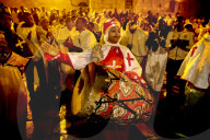 Ethiopian orthodox christians celebrating Easter vigil outside the Holy Sepulcher, Jerusalem, Israel.