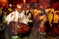 Ethiopian orthodox christians celebrating Easter vigil outside the Holy Sepulcher, Jerusalem, Israel.