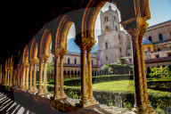 Santa Maria Nuova cathedral cloister and south tower, Monreale, Sicily, Italy.