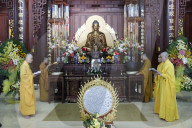 Monks at Buddhist ceremony in pagoda. Ho Chi Minh city. Vietnam.