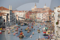The boats of the historical procession for the historical regatta on the Grand canal of Venice, Italy, Europe