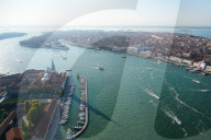 View of Venice and San Giorgio island from the helicopter, Venice Lagoon, Italy, Europe
