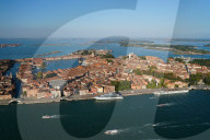 View of the Arsenale of Venice from the helicopter, Venice Lagoon, Italy, Europe