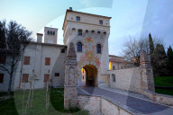 The entrance tower of Abbey of Santa Maria in Sylvis, Sesto al Reghena, Pordenone, Friuli Venezia Giulia, Italy, Europe