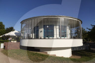The semi-circular balcony of the Kornhaus restaurant, designed by Carl Feiger of the Bauhaus, in Dessau, Saxony Anhalt, Germany