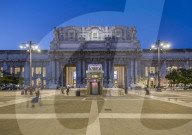 View of Milan Central Station at dusk, Milan, Lombardy, Italy, Europe
