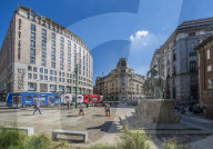 City tram and statue in Piazza Giuseppe Missori, Milan, Lombardy, Italy, Europe