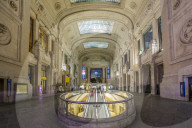 View of interior of Milan Central Station at dusk, Milan, Lombardy, Italy, Europe