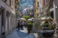 View of busy street in Stresa, Lago Maggiore, Piedmont, Italy, Europe