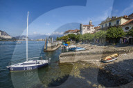 Boats on beach of Isola dei Pescatori, Borromean Islands, Lago Maggiore, Piedmont, Italy, Europe