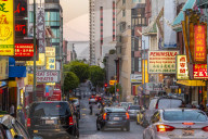 View of neon lights on busy street in Chinatown, San Francisco, California, USA, North America