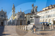 View of Emanuele Filiberto statue in Piazza San Carlo, Turin, Piedmont, Italy, Europe