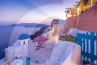 View of Oia village at dusk, Santorini, Aegean Island, Cyclades Island, Greek Islands, Greece, Europe