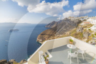 View of Fira white washed houses and cruise ship, Firostefani, Santorini (Thira), Cyclades Islands, Greek Islands, Greece, Europe
