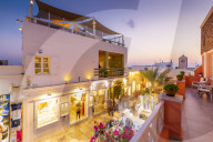 View of Oia village street at dusk, Santorini, Aegean Island, Cyclades Island, Greek Islands, Greece, Europe