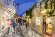 View of Oia village street at dusk, Santorini, Aegean Island, Cyclades Island, Greek Islands, Greece, Europe