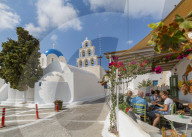 View of St. Epifanios Traditional Orthodox Church, Akrotiri, Thira, Santorini, Cyclades Islands, Greece, Europe