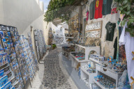 View of souvenirs on street in Pyrgos, Thira, Santorini, Cyclades Islands, Greece, Europe