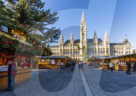 View of Rathaus and Christmas Market in Rathausplatz, Vienna, Austria, Europe