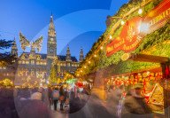 Rathaus and Christmas market stalls at night in Rathausplatz, Vienna, Austria, Europe