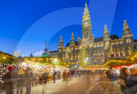 Rathaus and Christmas market stalls at night in Rathausplatz, Vienna, Austria, Europe