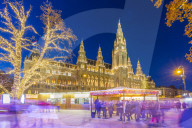 Rathaus and Christmas Market at night in Rathausplatz, Vienna, Austria, Europe