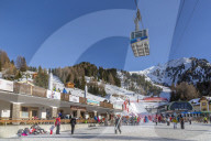 View of cable car and ski village at Pecol in winter, Canazei, Val di Fassa, Trentino, Italy, Europe