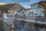 View of Moena and Avisio River in winter, Province of Trento, South Tyrol, Italy, Europe