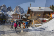 View of ski village at Pecol and Grohmannspitze Punta Grohmann in winter, Canazei, Val di Fassa, Trentino, Italy, Europe
