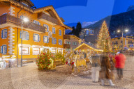 View of Moena town centre at Christmas, Province of Trento, South Tyrol, Italy, Europe