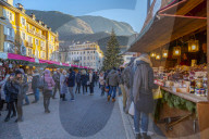 View of Christmas Market in Waltherplatz, Bolzano, Province of Bolzano, Italian Dolomites, Italy, Europe
