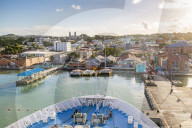 Onboard cruise ship entering Heritage Quay, St John's, Antigua, Wast Indies, Caribbean, Central America