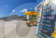 View of beach bar overlooking Caribbean Sea, Philipsburg, St Maarten, Caribbean, Leeward Islands, West Indies, Central America