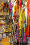 Colourful garments, Souk Khan al-Zeit Street in Old City, Old City, UNESCO World Heritage Site, Jerusalem, Israel, Middle East