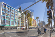 View of colourful buildings and traffic on Hayarkon Street, Tel Aviv, Israel, Middle East