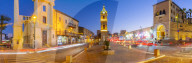 View of The Clock Tower and trail lights at dusk, Jaffa Old Town, Tel Aviv, Israel, Middle East