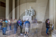 View of visitors around the statue of Abraham Lincoln, Lincoln Memorial, Washington, D.C., United States of America, North America