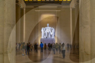 View of Lincoln statue in the Lincoln Memorial at night, Washington DC, District of Columbia, United States of America
