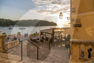 View of restaurant at sunset in Cavtat on the Adriatic Sea, Cavtat, Dubronick Riviera, Croatia, Europe