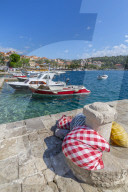 View of harbour boats and Cavtat on the Adriatic Sea, Cavtat, Dubronick Riviera, Croatia, Europe
