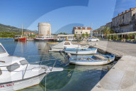View of small harbour boats and restaurants in Mali Ston, Dubrovnik Riviera, Croatia, Europe